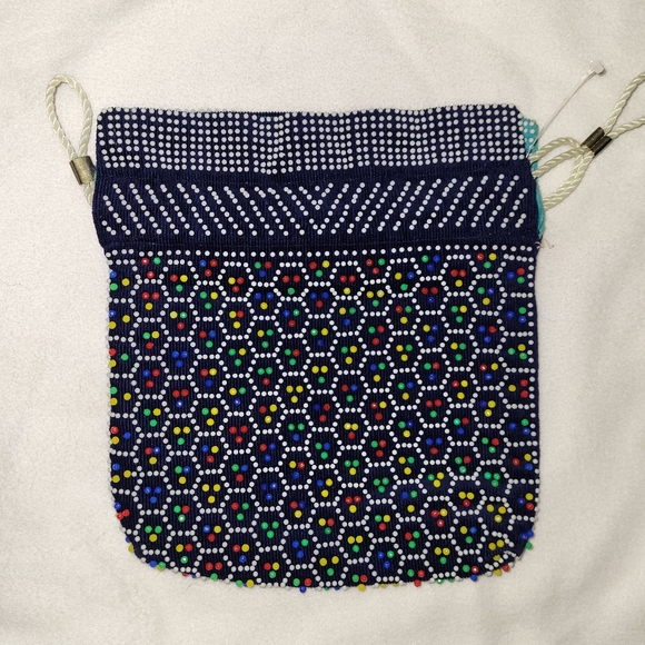 Reversible Drawstring Black or Sky Blue Beaded Pouch Purse Bag 8.5" x 9.5" - Picture 2 of 11